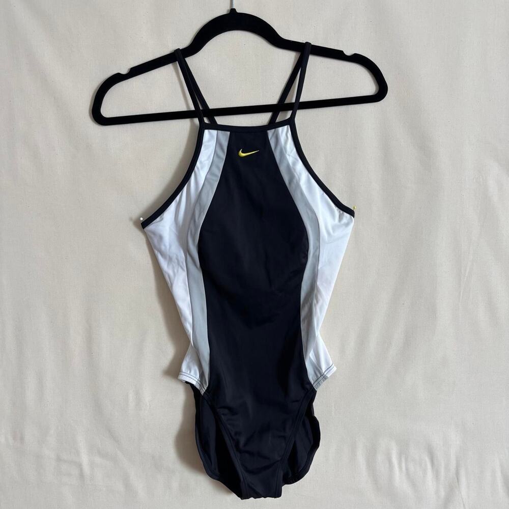 Vintage Nike black & white color block swimsuit with gold swoosh, size 6
